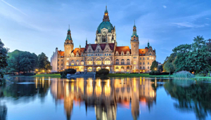 The New Town Hall (Rathaus) in Hannover reflected in the Maschteich lake