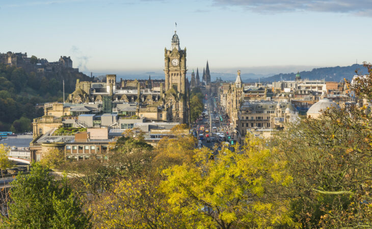 Edinburgh Castle and the Balmoral clock tower viewed from Calton Hill in Autumn