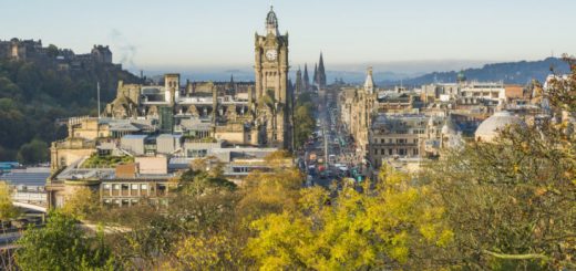 The panormic view of Princes Street with the Balmoral Hotel clocktower