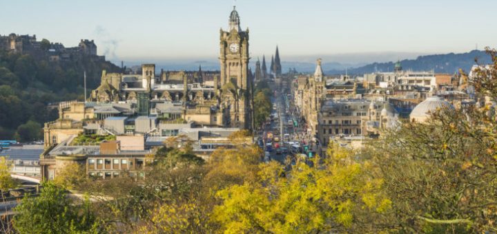 The panormic view of Princes Street with the Balmoral Hotel clocktower